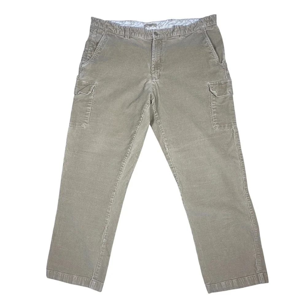 VTG LL Bean Men Tan Corduroy Cargo Pants 44x34 Straight Leg Stretch Khaki 285249